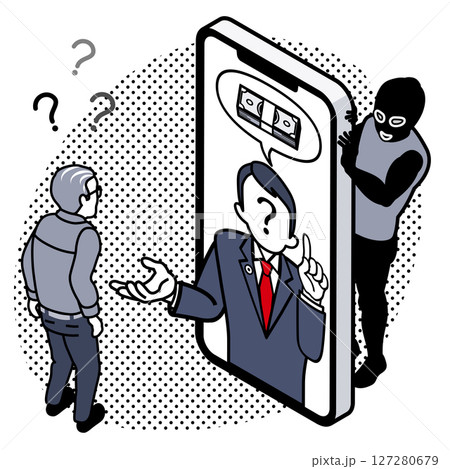 特殊詐欺 - 現金を要求するスマホの中の偽弁護士とシニア男性 様子を伺う詐欺師 特殊詐欺 - 現金を要求するスマホの中の偽弁護士とシニア男性 様子を伺う詐欺師 127280679