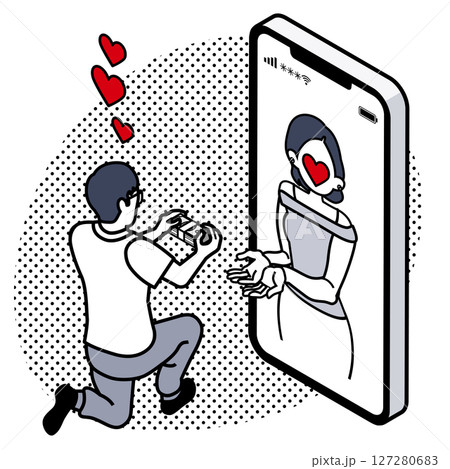 ロマンス詐欺 - スマホの中の女性詐欺師にお金を渡す男性 127280683