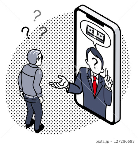 特殊詐欺 - 現金を要求するスマホの中の偽弁護士とシニア男性 127280685