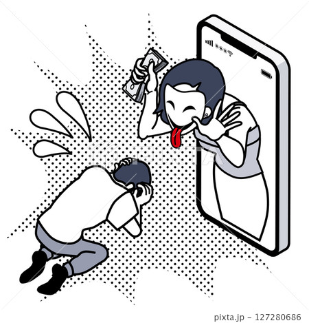 ロマンス詐欺 - 騙された事に気付く男性と奪った金を手にして笑う詐欺師 127280686