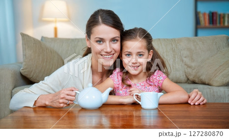 Mother and Daughter Having Tea in Cozy Living Room Mother and Daughter Having Tea in Cozy Living Room 127280870
