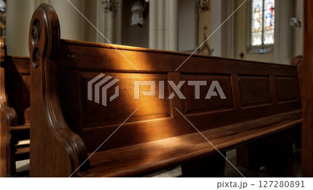 Contemplative Empty Pew, Soft Light, Solitude, and Reflection. Ideal for spiritual retreats, personal devotion, and themes of introspection. 127280891