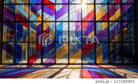 Modern Stained Glass, Abstract Patterns, Vibrant Light, and Sacred Art. Perfect for church decor, religious publications, and contemporary spiritual design. 127280903