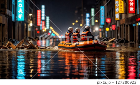 Flooded City Street at Night with Emergency Rescue Boat Flooded City Street at Night with Emergency Rescue Boat 127280922