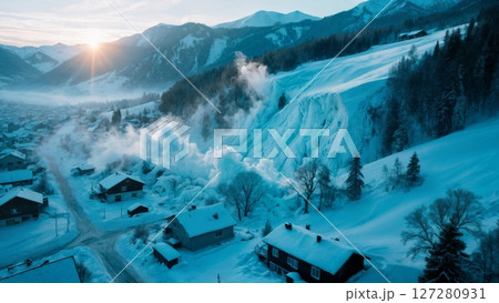 Avalanches Sweeping Through Mountain Village at Dawn Avalanches Sweeping Through Mountain Village at Dawn 127280931