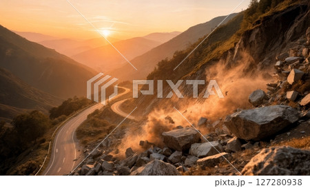 Landslide Breaking Through Mountain Road at Sunrise Landslide Breaking Through Mountain Road at Sunrise 127280938