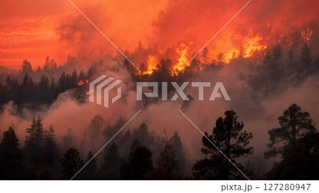 Wildfire Smoke Blanketing Forest at Dusk 127280947