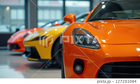 A lineup of colorful luxury cars in a show room 127281084