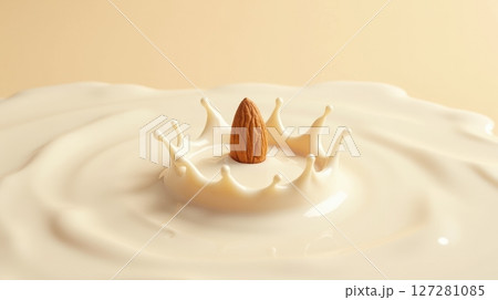 Almond splashing into a pool of creamy milk 127281085
