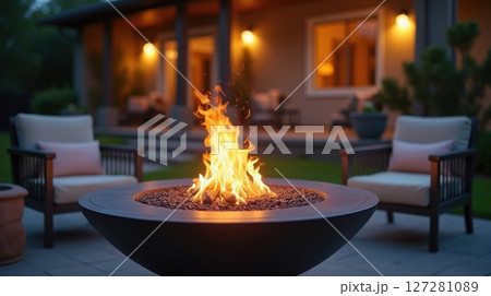 Modern fire pit glowing brightly on a backyard patio 127281089