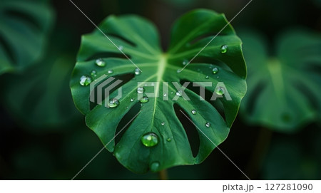 monstera green leaf with water drops 127281090