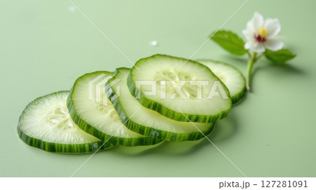 Relaxing skincare routine featuring cucumber slices for refreshing facial treatment 127281091