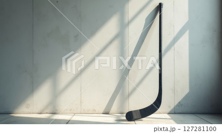 A hockey stick propped against a textured wall 127281100