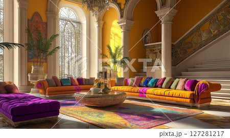 Grand hotel interior with ornate details, luxurious furniture, and large windows. 127281217