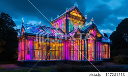 Beautiful building with colorful stained glass windows glowing at night. 127281218