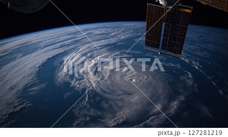 View of Earth from space station showing ocean and clouds during daytime 127281219