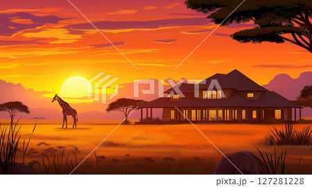 African landscape with wildlife and a house under an orange sky. 127281228