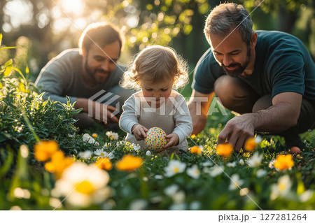 Man and a child are playing in a field of flowers 127281264