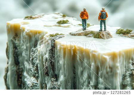 Two people standing on a snow covered rock 127281265