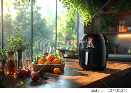 Black electric fryer sits on a wooden countertop next to a bowl of fruit 127281293