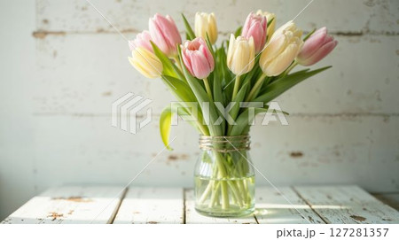 Soft pastel tulips in glass jar on rustic table 127281357