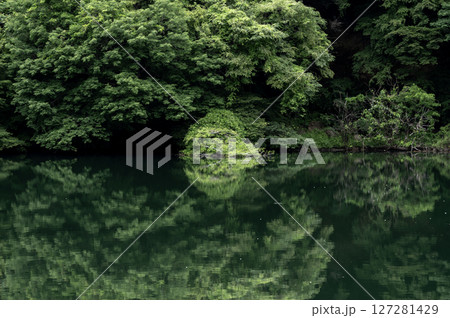緑に囲まれた草木湖の静かな湖面 緑に囲まれた草木湖の静かな湖面 127281429