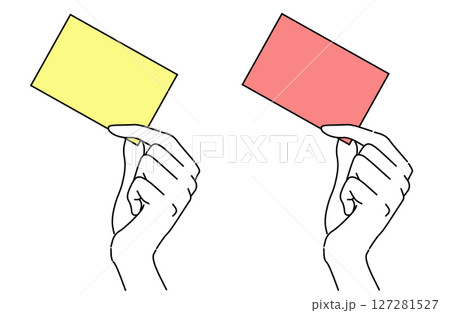 イエローカードとレッドカードを掲げる手のベクターイラスト イエローカードとレッドカードを掲げる手のベクターイラスト 127281527