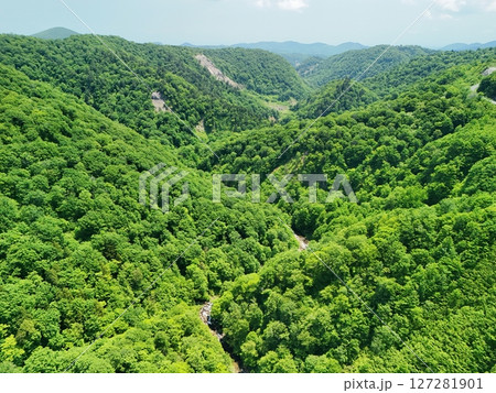 初夏の湯浜峠の渓谷 空撮 初夏の湯浜峠の渓谷 空撮 127281901