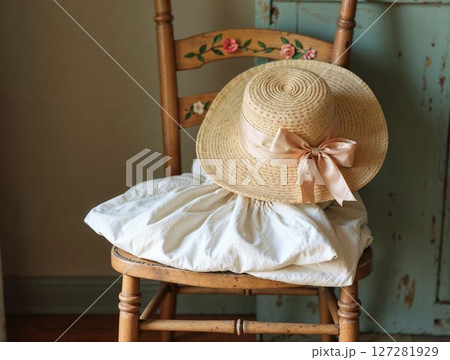 Straw hat with ribbon on vintage floral wooden chair 127281929
