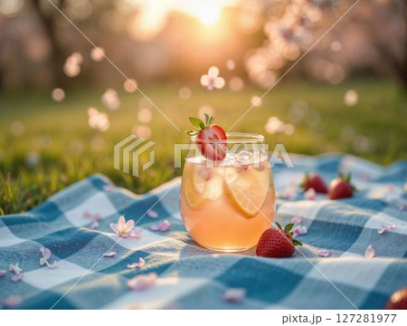 Refreshing strawberry lemonade drink on a picnic blanket at sunset 127281977