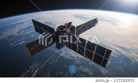 Satellite in orbit above Earth capturing stunning view of blue planet and clouds 127282055