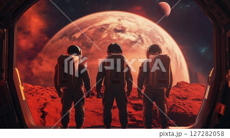 Exploration team of astronauts observing a vibrant red planet from a spacecraft window in deep space 127282058