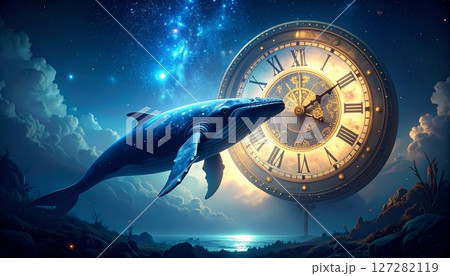 宇宙に浮かぶクジラが時計を眺める 127282119