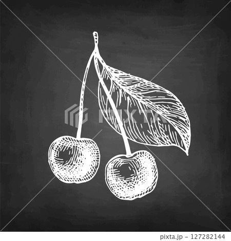 Chalk sketch of cherries with stem and leaf Chalk sketch of cherries with stem and leaf 127282144