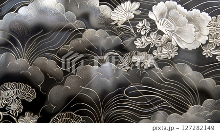 銀色の花と雲が舞う和柄の黒背景デザイン 127282149
