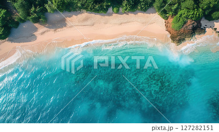 透明度の高いエメラルドグリーンの海と熱帯の砂浜を真上から捉えた空撮風景 127282151