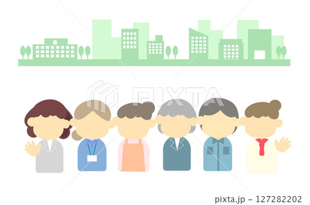 街並みの前に並ぶ社会人女性セット 街並みの前に並ぶ社会人女性セット 127282202