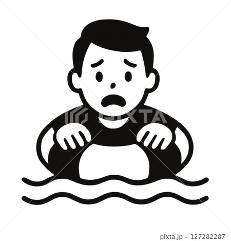 泳ぐのが苦手な子どもの線画アイコン、イラスト、素材、背景なし、シンプル 127282287