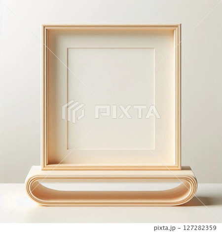 This setting features an elegant wooden frame with a smooth design, placed on a stylish stand against a softly lit background. The simplicity highlights its artistry 127282359