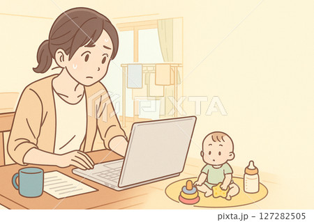 PCとベビーを交互に見て汗を流すワーキングママ PCとベビーを交互に見て汗を流すワーキングママ 127282505
