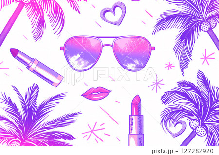 ゆるかわアロハテイストのサングラスとコスメの夏ネオンカラーアイコンパターン 127282920