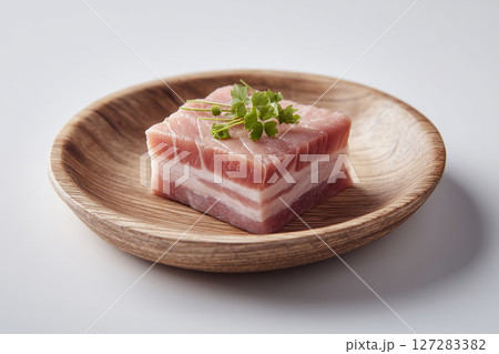 45 degree angle view of slices of pork belly on a wooden plate. Meat concept 127283382