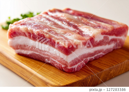 Side view of close up of view of pork belly on a wooden copping board. Meat concept 127283386