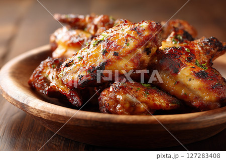 Side view of crispy glazed chicken wings on wooden plate. Side view of crispy glazed chicken wings on wooden plate. 127283408