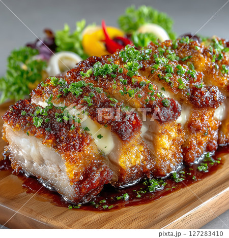 Close up view of crispy roasted pork on copping board. Meat concept 127283410