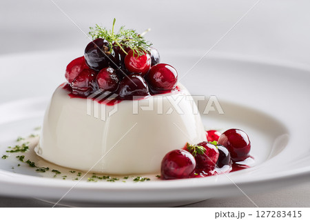 Panna Cotta with Berries on White Plate 127283415