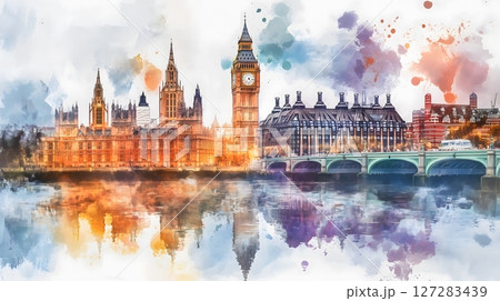 Watercolor London Cityscape Big Ben Houses of Parliament Westminster Bridge Artistic Skyline 127283439
