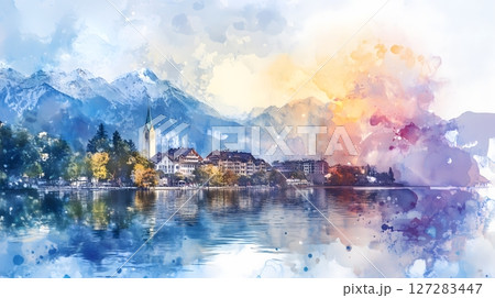 Zug Switzerland Watercolor Landscape Alpine Village Lake Mountain Reflection Scenic Cityscape 127283447