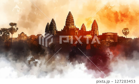 Angkor Wat Temple Sunrise Dramatic Watercolor Landscape Cambodia Ancient Architecture Angkor Wat Temple Sunrise Dramatic Watercolor Landscape Cambodia Ancient Architecture 127283453