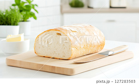 Loaf of white bread sitting on wooden cutting board with butter and bread knife in modern kitchen 127283503